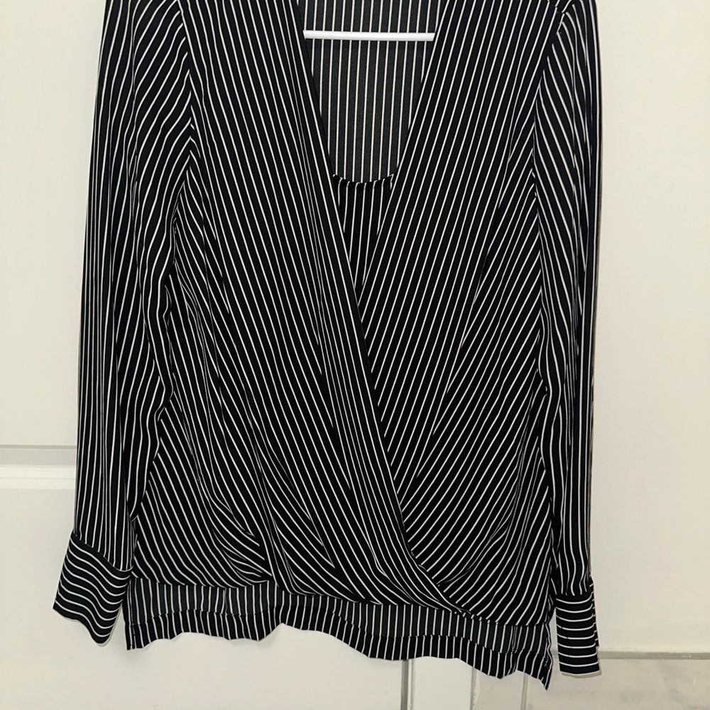 T Tahari Black and White Wrap Blouse for Work